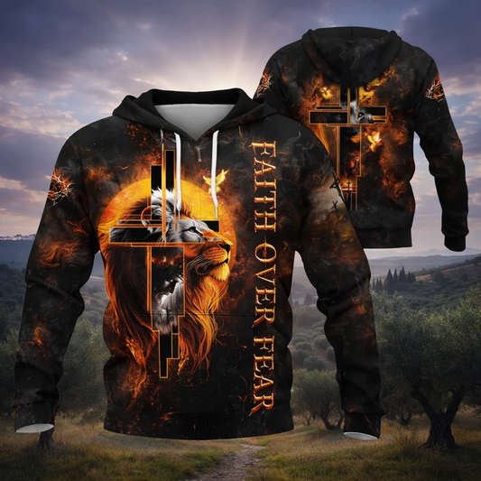 Faith Over Fear Hoodie – Lion of Judah Jesus Cross Christian Hoodie, Zip Hoodie, Sweatshirt & T-shirt